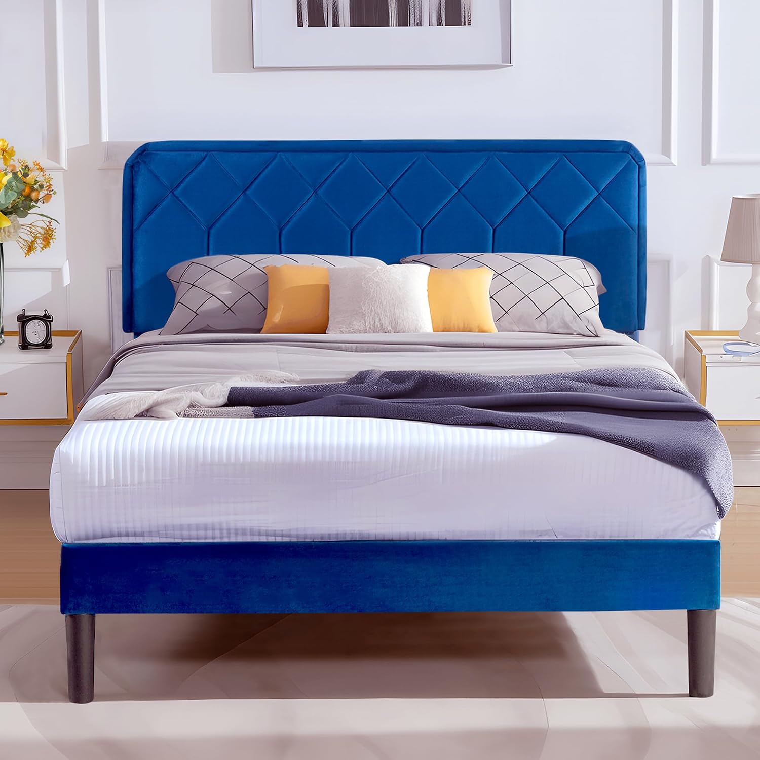VECELO Queen Size Bed Frame, Velvet Upholstered Platform with Adjustable Headboard, Mattress Foundation with Solid Wood Slats, No Box Spring Needed, Easy Assembly