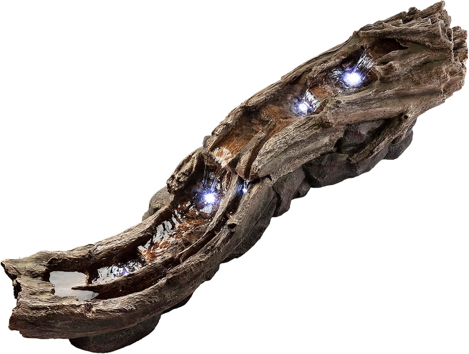 Alpine Corporation 80' Long Indoor/Outdoor Wood River Log Water Fountain with LED Lights, Cascading Natural Water Feature for Gardens, Patios, Yards, and Outdoor Decor, Brown and Gray