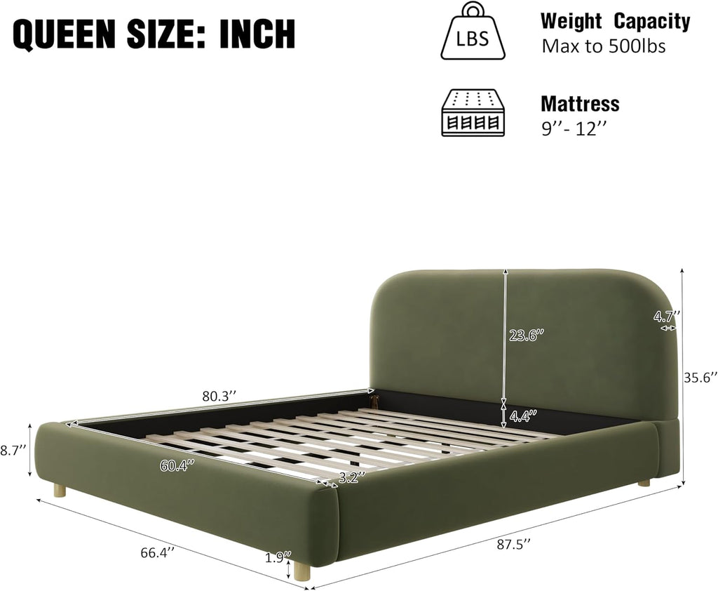 Queen Size Platform Bed with Curve-Shaped Design Headboard, Velvet Fabric Upholstered Platform Bed with Strong Support, Modern Bed Frame, No Box Spring Needed, Easy Assembly (Olive Green,Queen,8)
