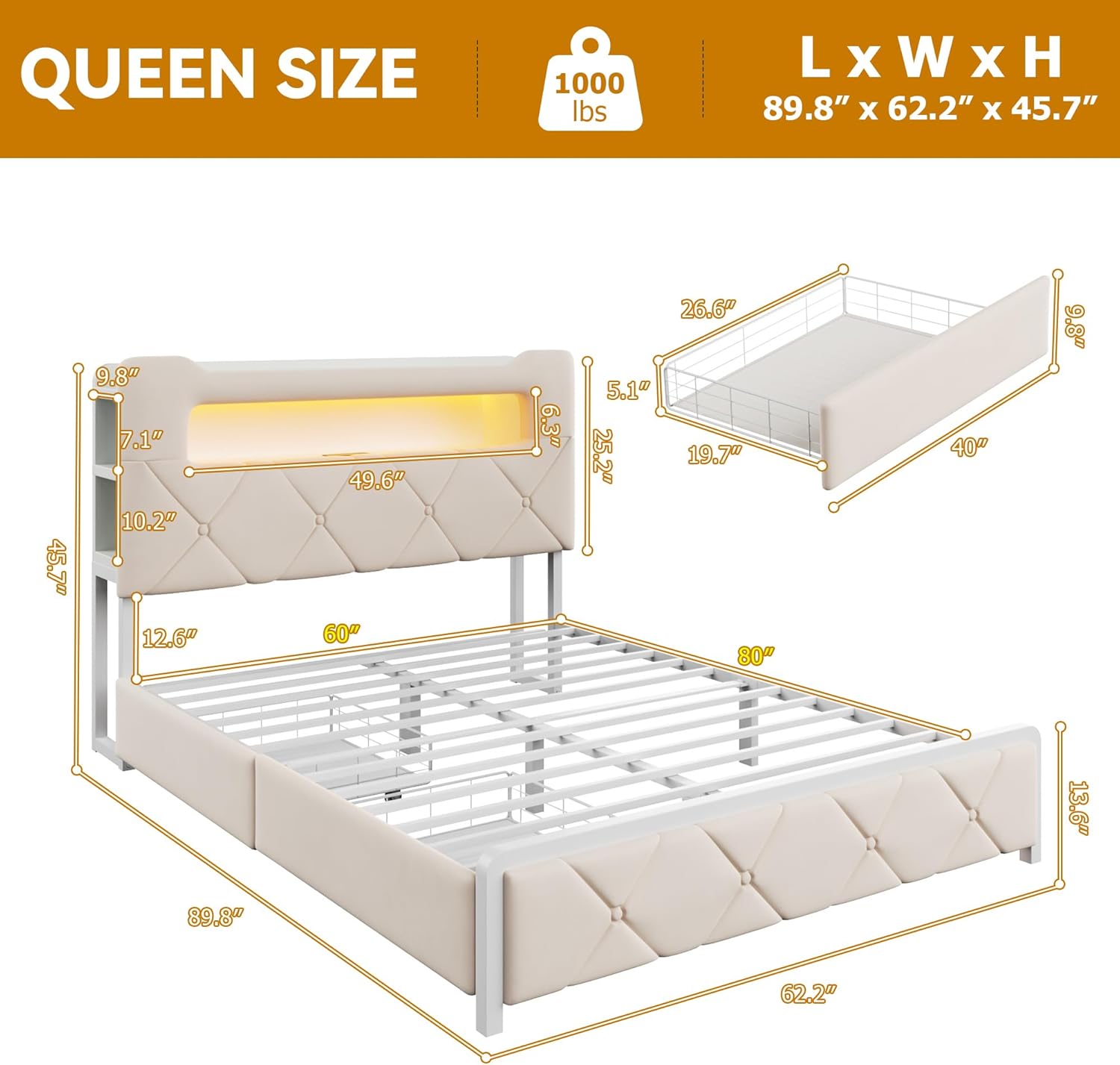 Queen Upholstered LED Bed Frame with 2 Storage Drawers and 2-Tier Storage Headboard,Velvet Princess Platform Bed with Charging Station&Bookcase,Heavy Duty Metal Support,No Box Spring Needed,Beige
