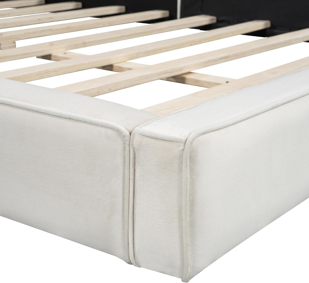 Queen Size Upholstered Platform Bed with Velvet Fabric Headboard, Solid Wood Grounded Bed Frame with Slats Support for Bedroom, Easy Assembly,No Box Spring Needed (Beige-173J)