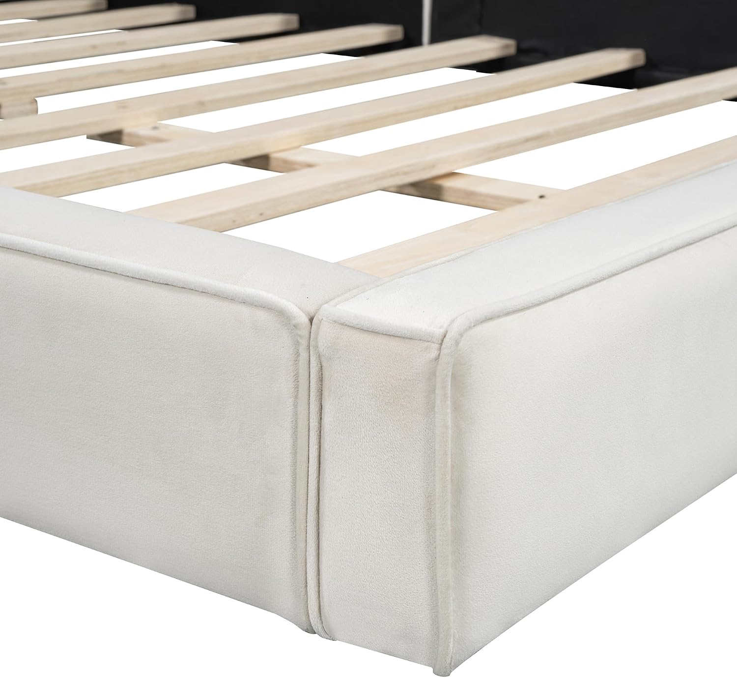 Queen Size Upholstered Platform Bed with Velvet Fabric Headboard, Solid Wood Grounded Bed Frame with Slats Support for Bedroom, Easy Assembly,No Box Spring Needed (Beige-173J)