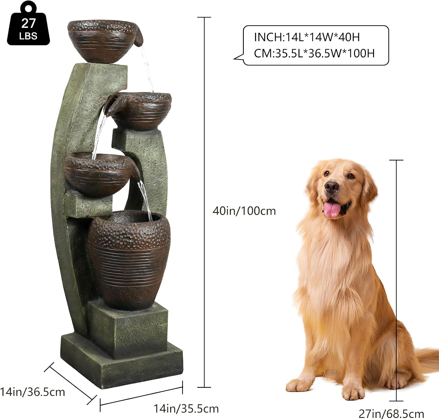 Naturefalls 40' Tall Outdoor Water Fountain and Waterfalls - Large Garden Fountain with LED Lights, 4-Tier Crocks, Indoor and Outdoor Fountains for Garden, Patio, Deck, Porch, Backyard and Home, Gray