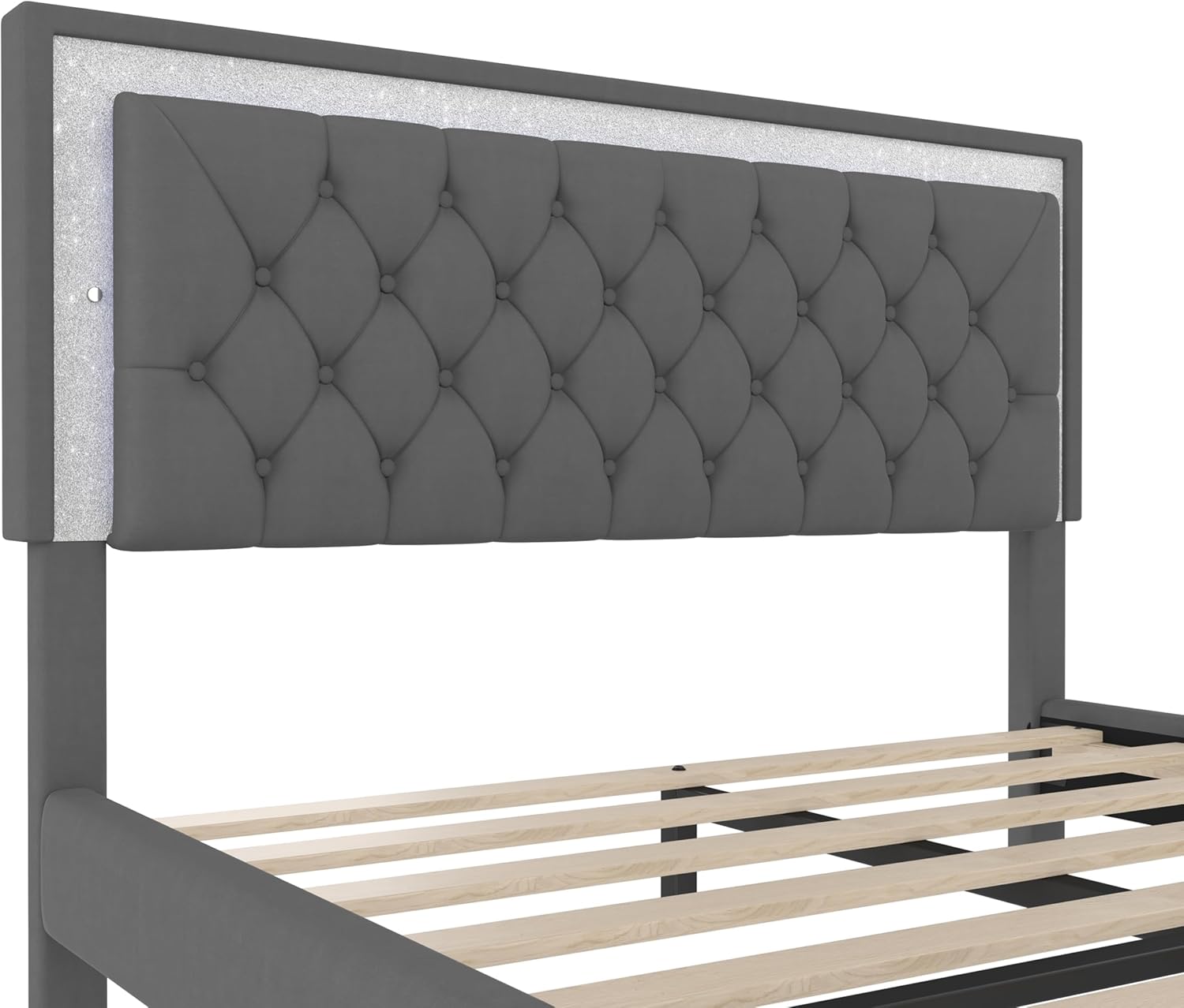 Linique 3-Pieces Bedroom Sets, Queen Size Velvet Upholstered Platform Bed Frame with LED Lights and Two Nightstands, Wooden Platform Bed with Button Tufted Headboard, Grey