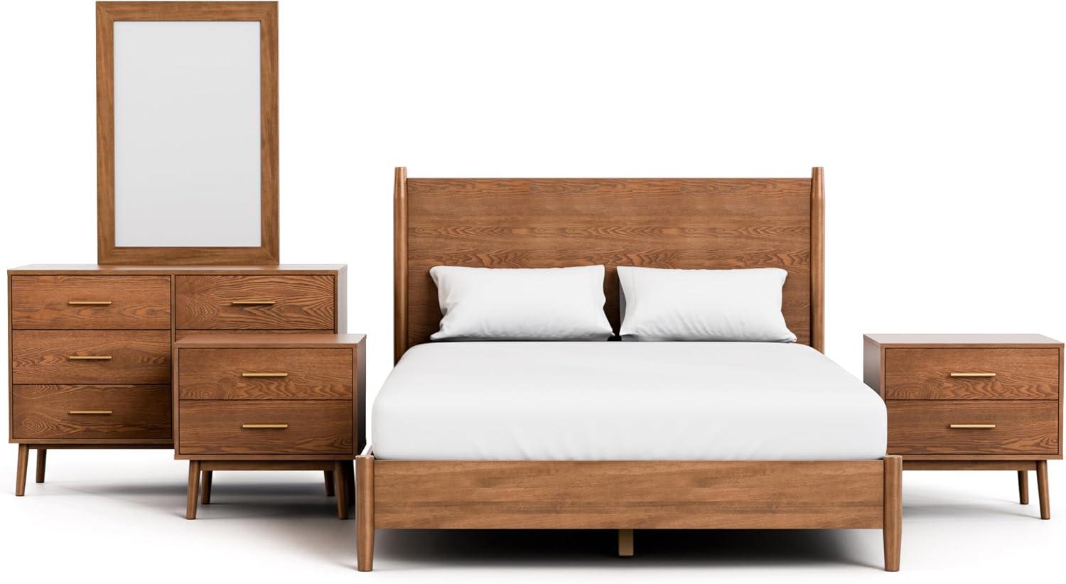 Furniture of America Wyatt Modern Solid Wood Bedroom Collection with Queen Bed Frame, Nightstands, Dresser with Mirror, No Box Spring Needed, Walnut, Standard Platform, 5-Piece Set