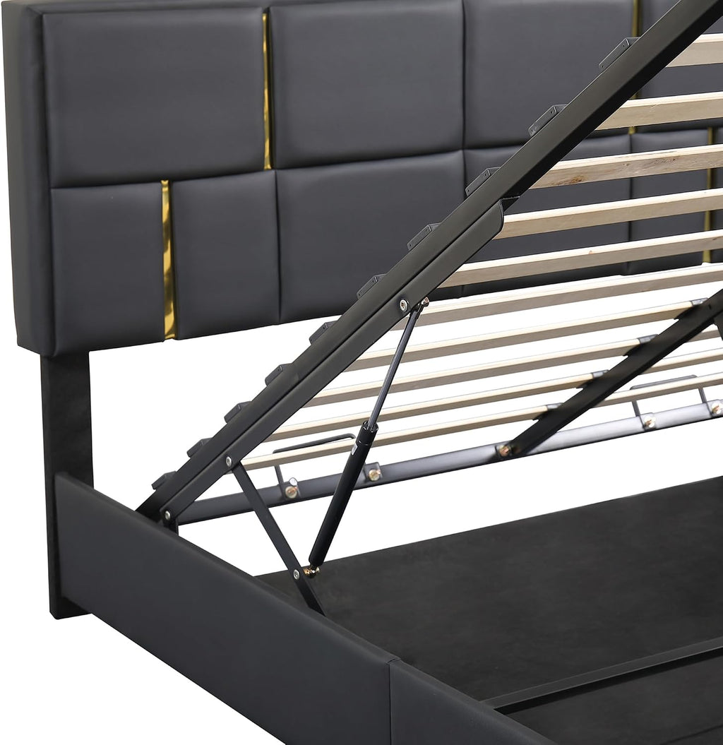 2 Pieces Bedroom Sets, Queen Size Velvet Upholstered Platform Bed with Hydraulic Storage System and Gold Decoration, Storage Ottoman with Metal Legs, Modern Design (Black)