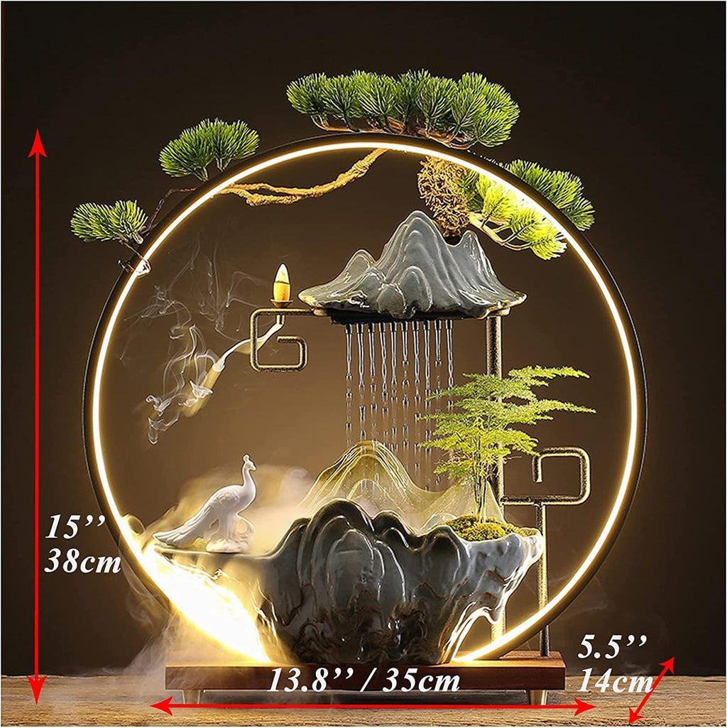 Ceramic Water Fountains Indoor Waterfall with LED 3 Ceramic Animals Mist Water Fountain with Backflow Incense Holder for Feng Shui Strees Relief Wealth-Booming Japanese Decor (Animal)