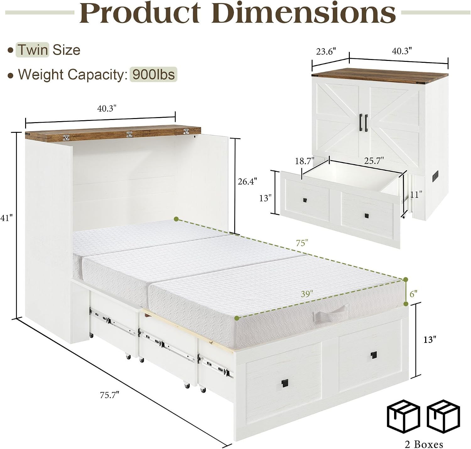 LUXOAK Twin Murphy Bed with 6' Tri-Fold Memory Foam Mattress, Storage Drawer & Charging Station, Space-Saving Design for Home Office or Guest Room, White