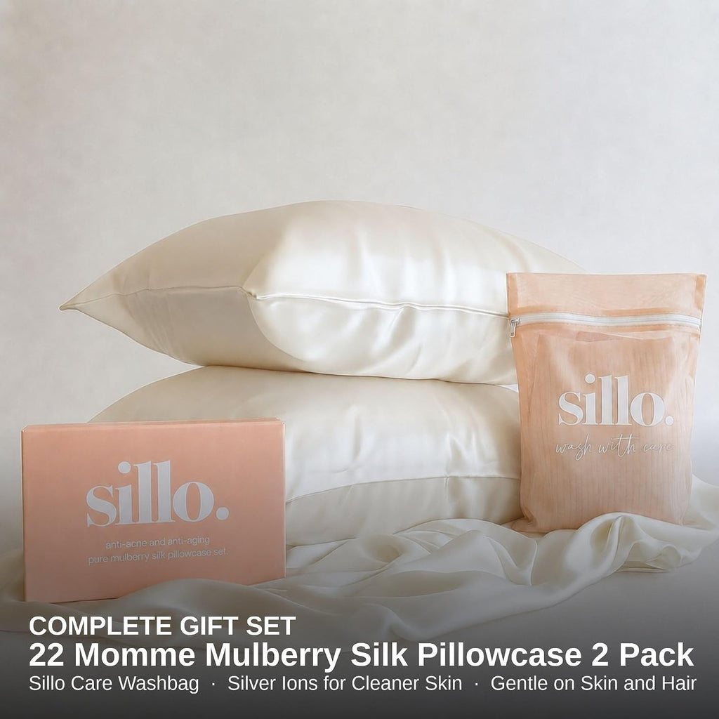 Sillo Silk Pillow Cases 2 Pack - 22 Momme Mulberry Silk Pillowcases for Hair and Skin, Anti Acne Pillow Case, Hypoallergenic Silver-Infused, Envelope Closure, King (Ivory White)