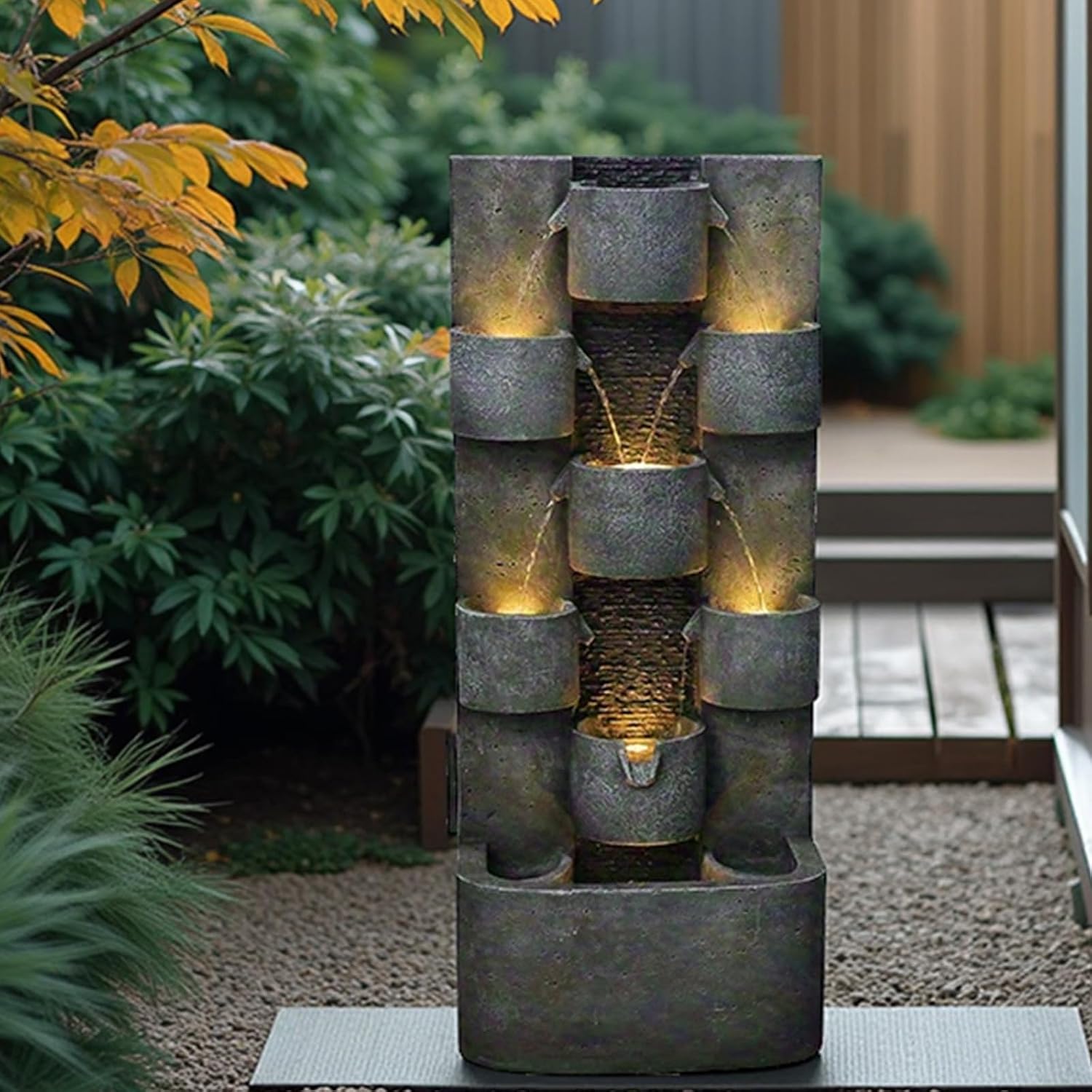 Tankana 45' H Outdoor Water Fountain Garden - Large Cascading Waterfall Freestanding Fountains Water Feature with Lights for Patio Backyard Deck Porch and Home Decor, Concrete Artistry Style, Gray