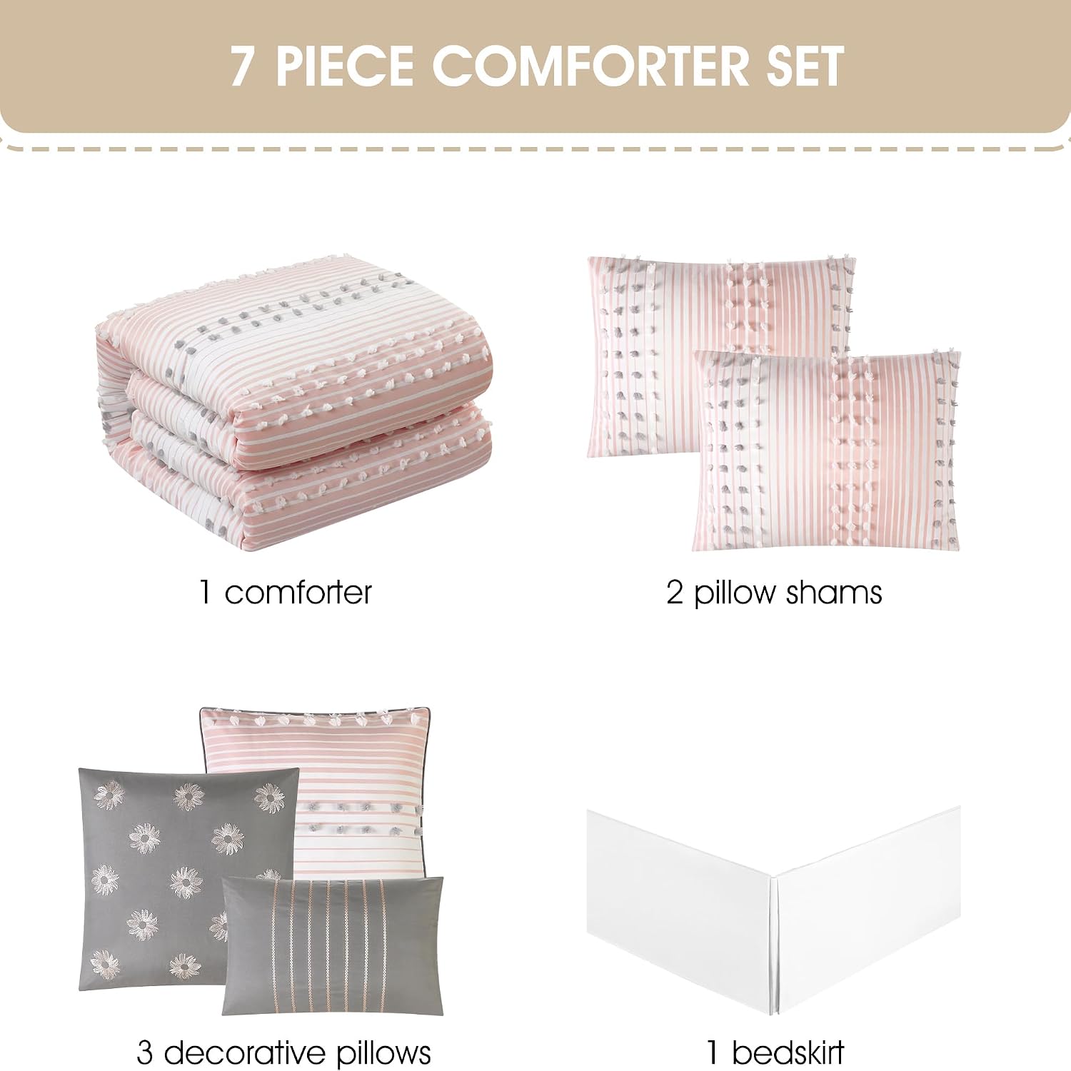 Grand Avenue Pink Striped Dots Cal King Comforter Set, 7 Piece, Jaquard & Clip Bedding Comforters & Sets, Bedskirt, Pillows & Shams, All Season Bedding Set
