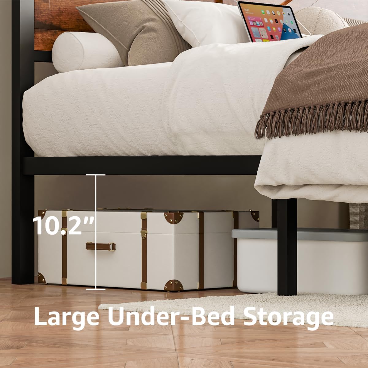 Rustic Queen Bed Frame with Storage Drawers and Barn Door Headboard, Farmhouse LED Bed Frame Queen Size with Charging Station, Metal Industrial Platform Bed Frames, No Box Spring Needed, Brown