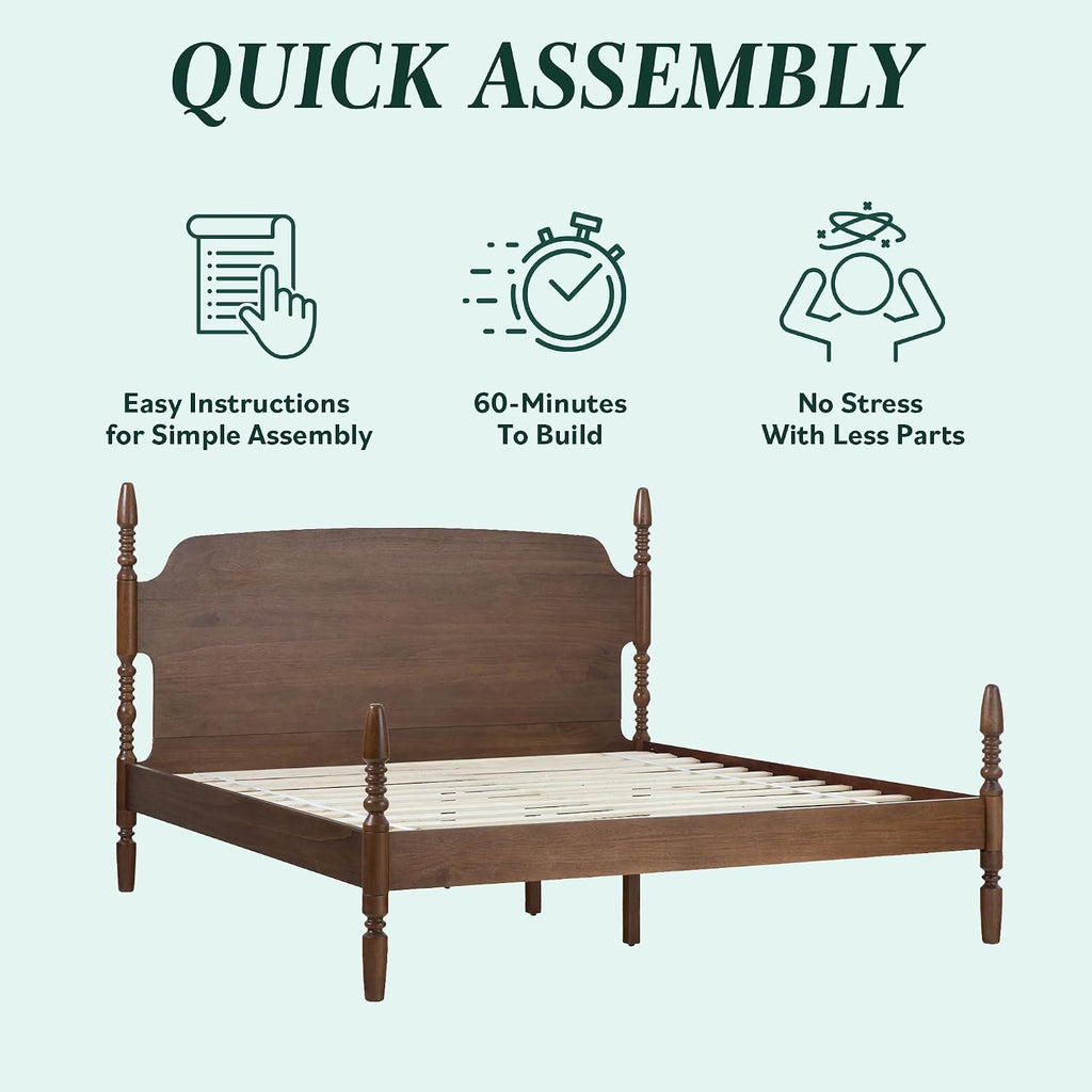 Walker Edison EZ Assembly Traditional Wood Spindle Post Bed, No Box Spring Bed Frame, Modern Farmhouse Bed, King Size, Dark Brown
