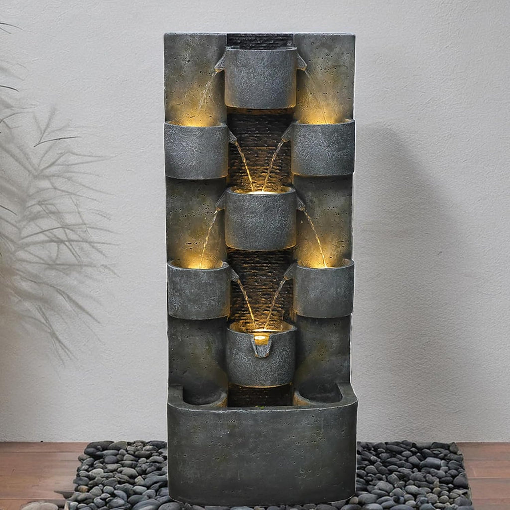 Tankana 45' H Outdoor Water Fountain Garden - Large Cascading Waterfall Freestanding Fountains Water Feature with Lights for Patio Backyard Deck Porch and Home Decor, Concrete Artistry Style, Gray