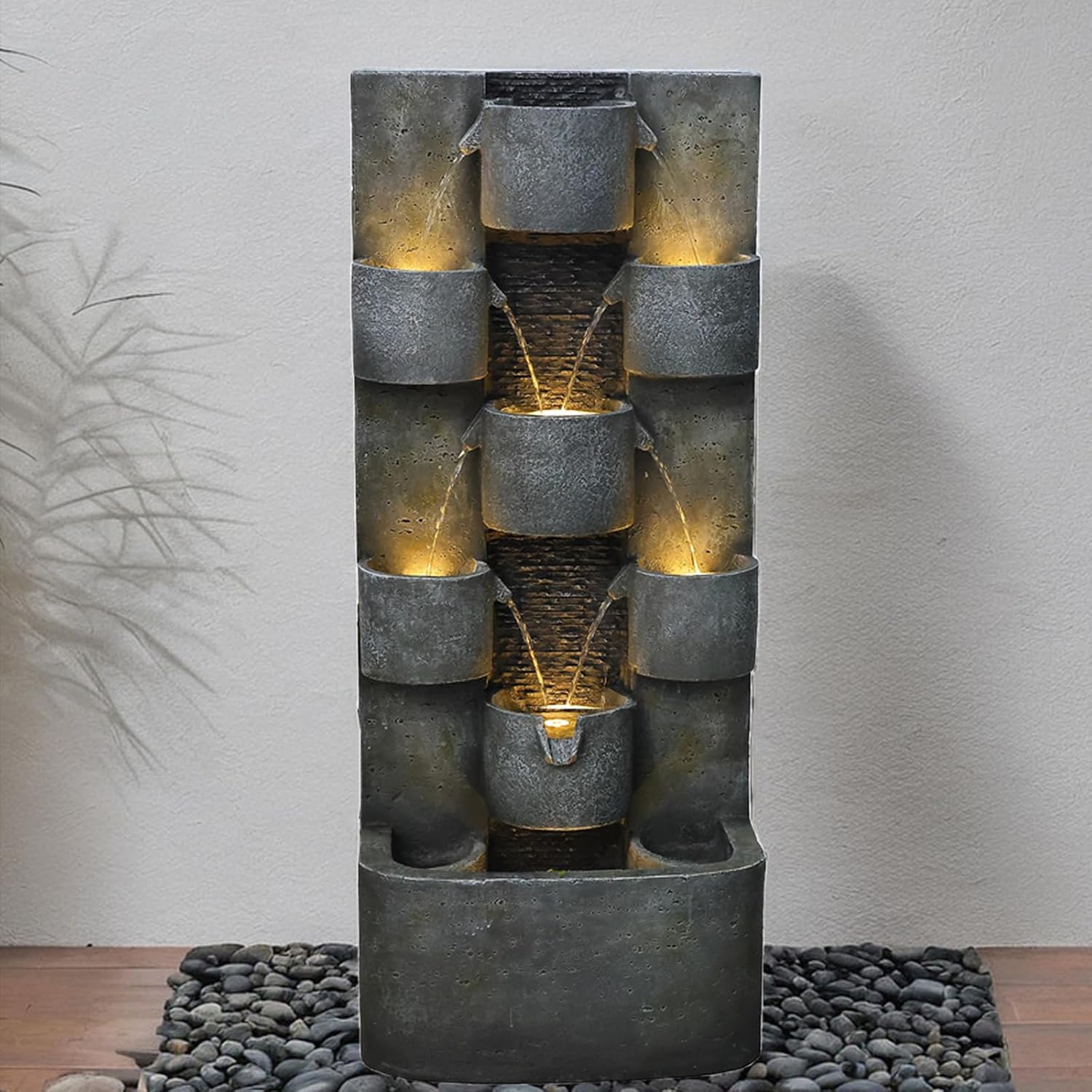 Tankana 45' H Outdoor Water Fountain Garden - Large Cascading Waterfall Freestanding Fountains Water Feature with Lights for Patio Backyard Deck Porch and Home Decor, Concrete Artistry Style, Gray