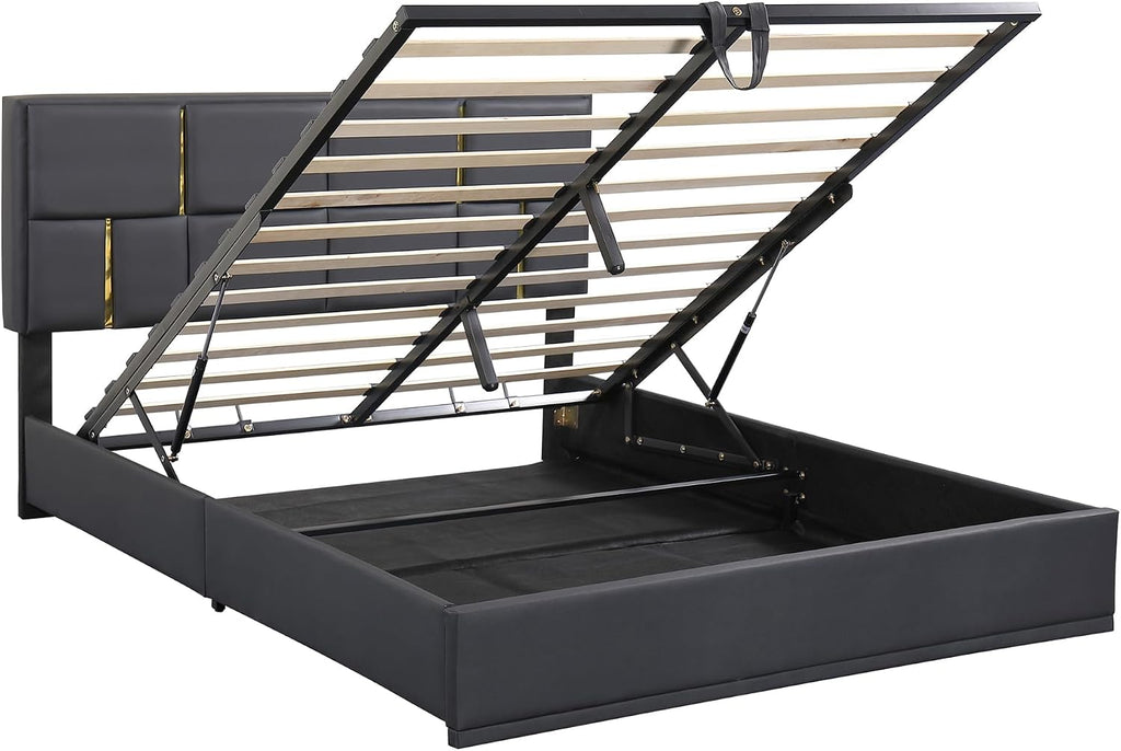 Queen Size Upholstered Bed Frame with Storage Ottoman, Hydraulic Storage Bed Frame with Headbaord and Storage Bench, 2-Piece Bedroom Furniture Set - Black