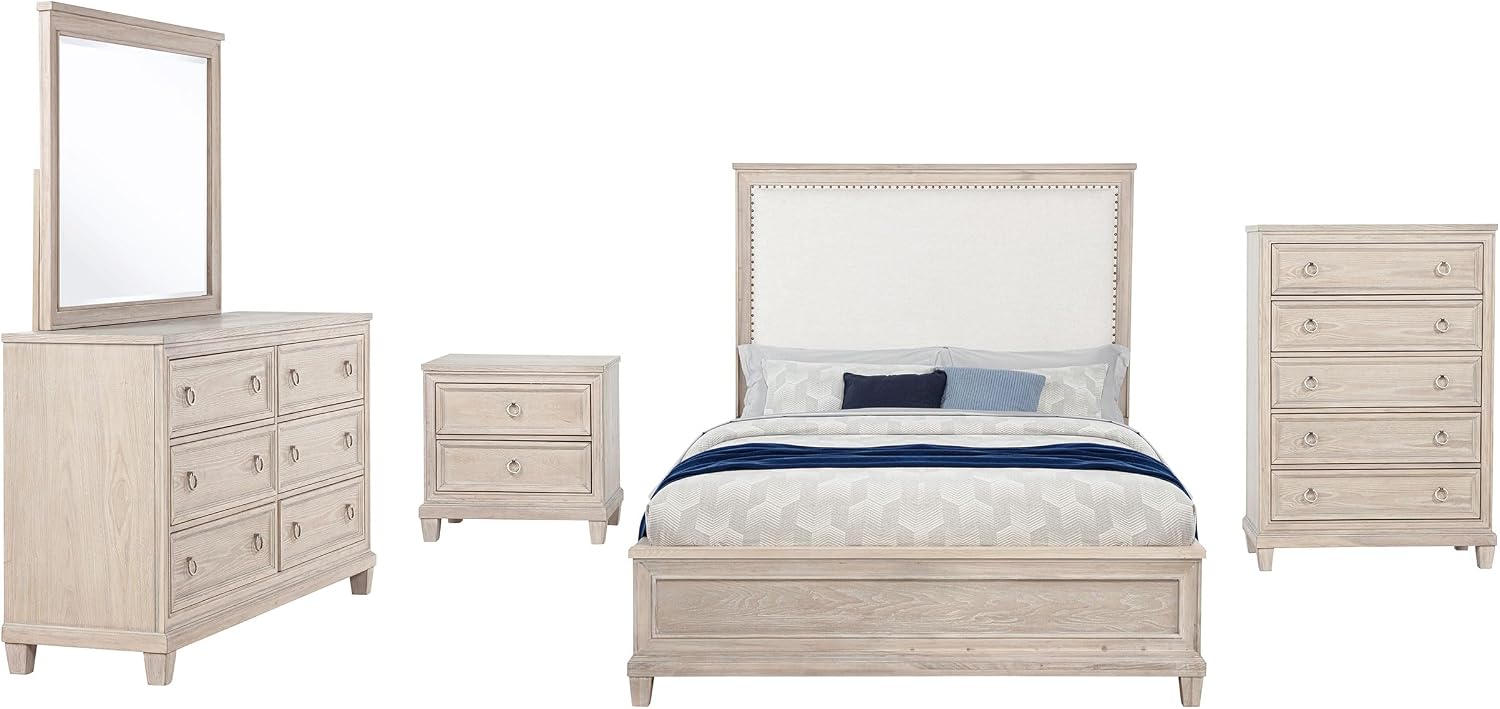 Coaster Home Furnishings - Pembroke - Wood - 5-Piece Bedroom Set with Molding Details, Nailhead Trim, Tapered Legs and Cable Access - Bedroom - Queen Size - Washed Oak - 215921Q-S5