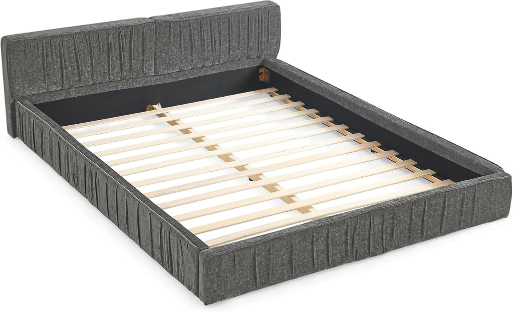 Ball & Cast Queen Size Low Bed Frame,Chenille Upholstered Platform Bed with Pleated Design Headboard,Grounded Floor Bed with Wood Slat Support,No Box Spring Needed,Grey