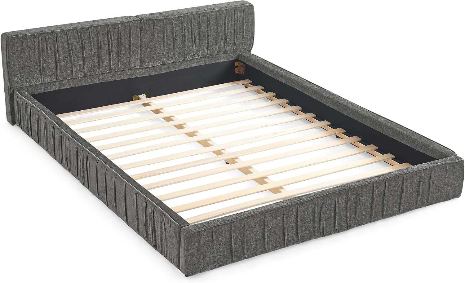 Ball & Cast Queen Size Low Bed Frame,Chenille Upholstered Platform Bed with Pleated Design Headboard,Grounded Floor Bed with Wood Slat Support,No Box Spring Needed,Grey