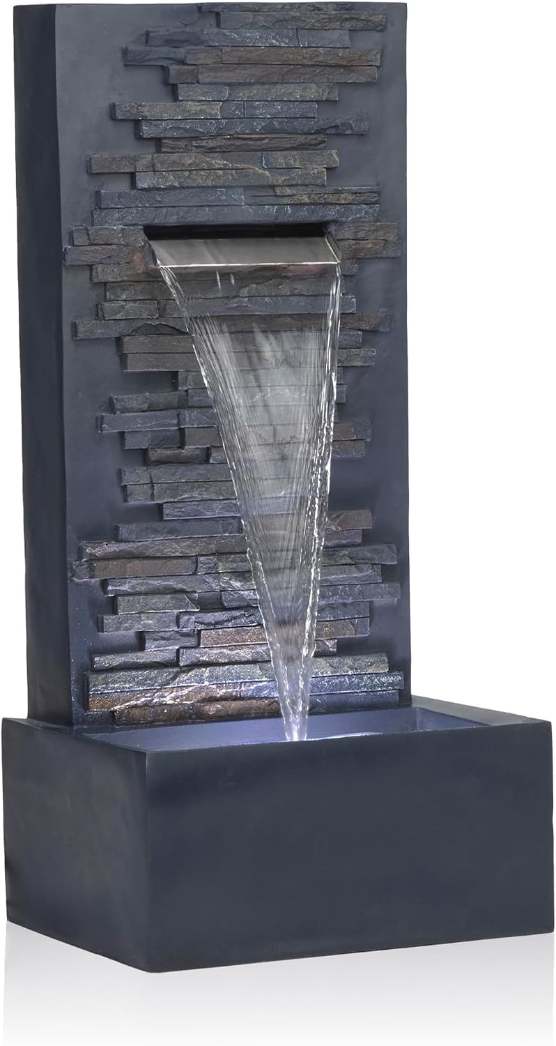 Alpine Corporation 32' Cascading Stone Wall Fountain with LED Lights – Outdoor Water Feature for Garden, Patio, Backyard & Home Decor, Gray