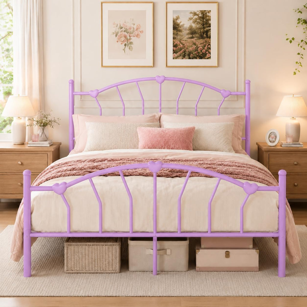IMMERSTABLE Queen Bed Frame, Heart-Shaped Headboard Metal Platform Bed for Guest Room Bedroom, 12.5' Under Bed Storage, 800LBS Heavy Duty, Noise-Free, No Box Spring Needed, Easy Assembly, Purple