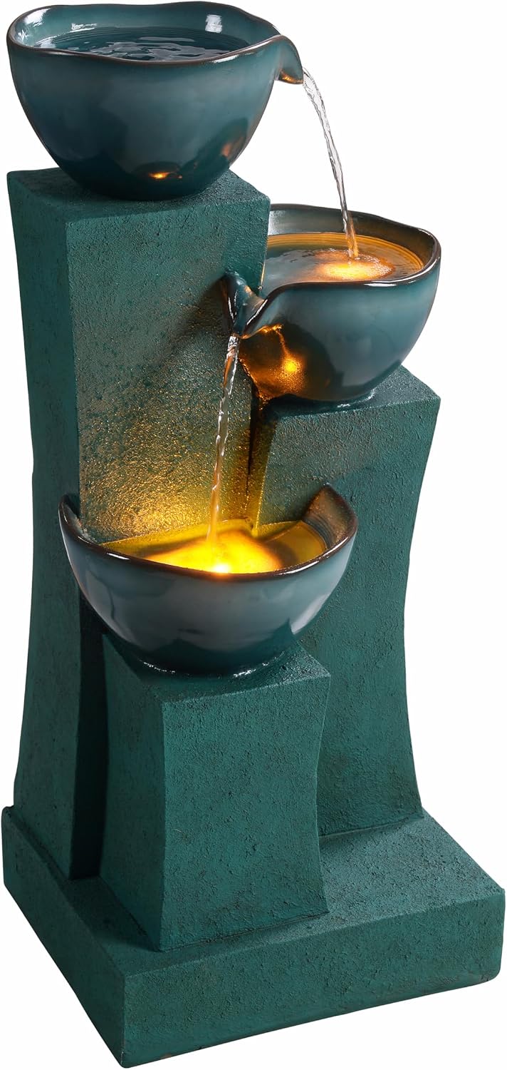 Teamson Home 28.54 in. 3-Tier Cascading Outdoor Water Fountain with LED Lights for Gardens, Landscaping, Patios, Balconies, Lawns, Green