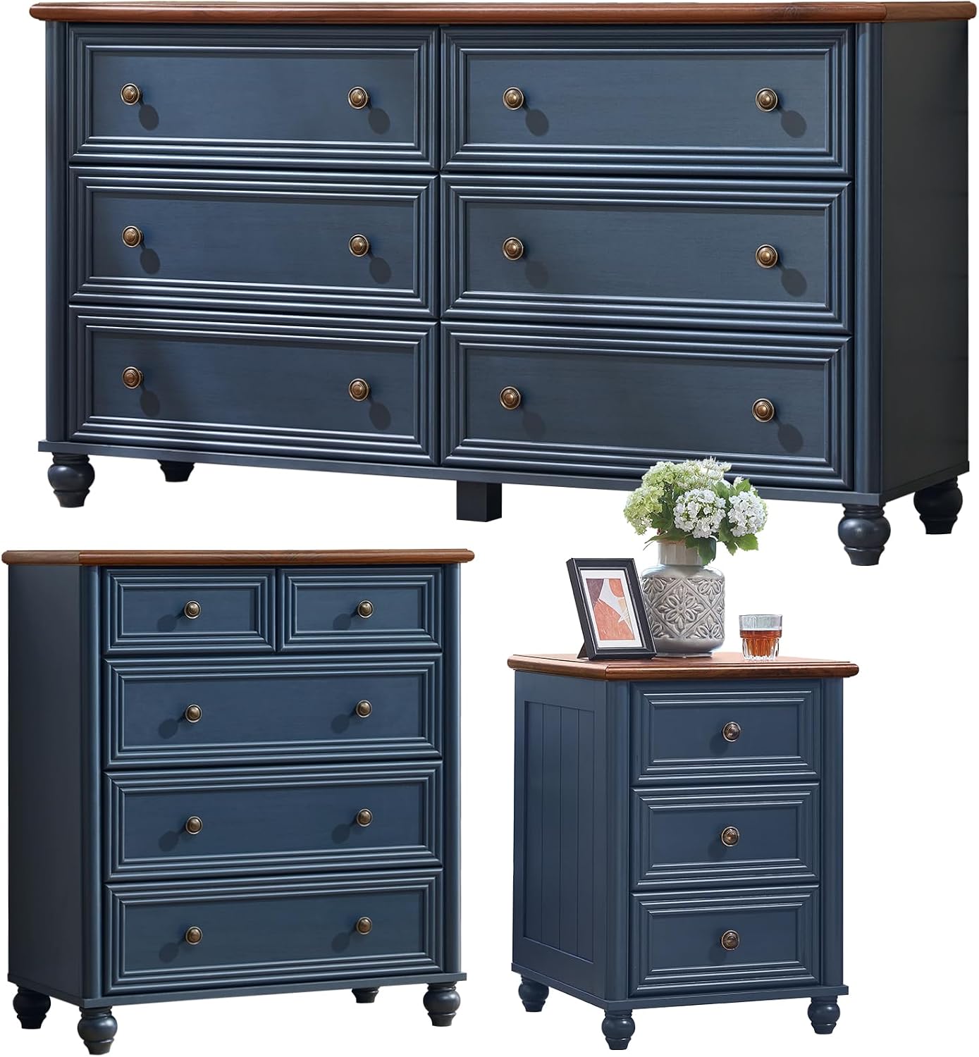 Farmhouse Dressers & Night Stand Set of 3, Wood 54' Wide Dresser & 35.5'Tall Chest of Drawers, 18' Roman Column Nightstand, Bedroom Furniture 6 Drawer Dresser Set for Bedroom Home Living Room Hallway