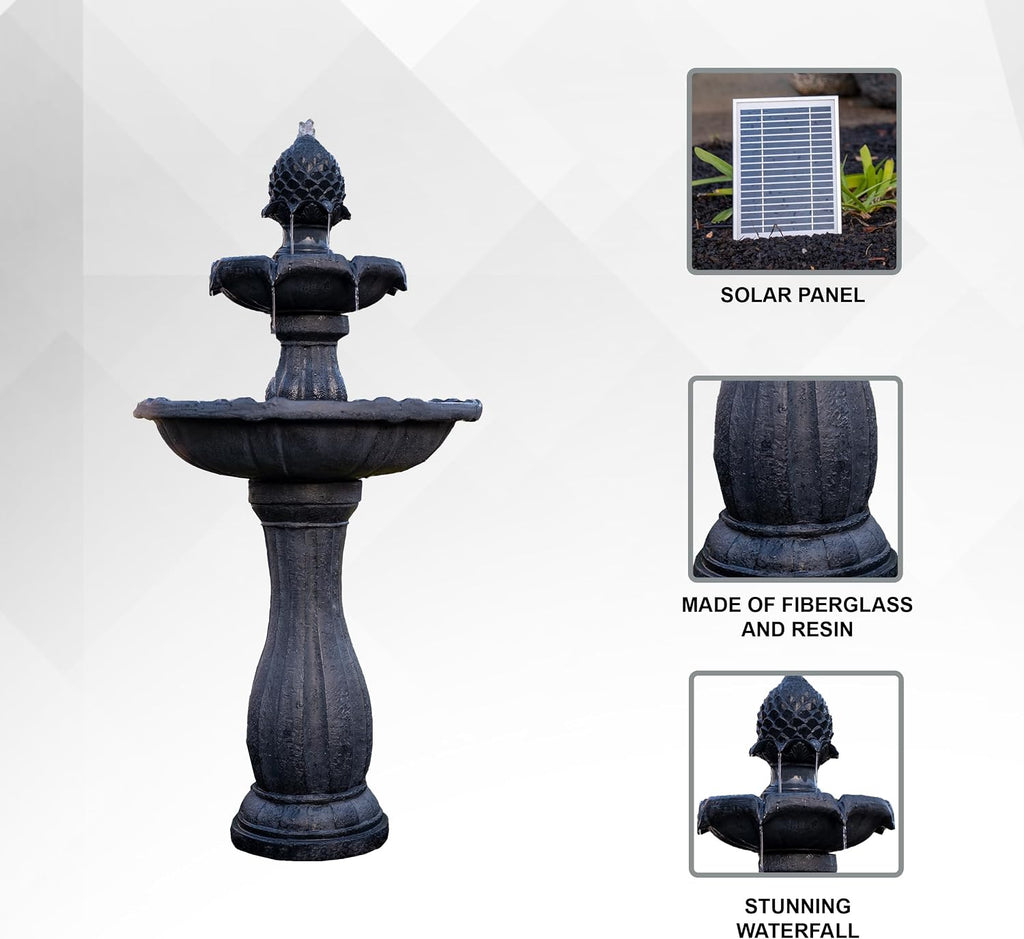 XBrand 44' Solar Powered 2-Tier Outdoor Water Fountain, Fiberglass Resin Fountain with Solar Panel and Auto Shut-Off Pump, Black