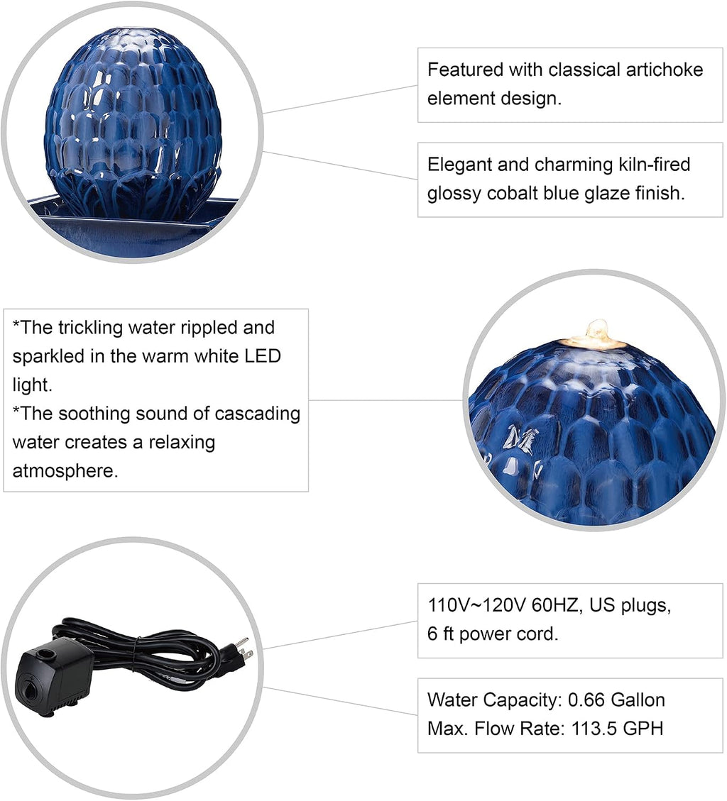 Glitzhome Ceramic Outdoor Water Fountain with LED Light, Oversized Artichoke Pedestal Water Fountains with Submersible Pump, Patio Fountain Waterfall for Garden Patio Deck Porch, Cobalt Blue, 35.75' H