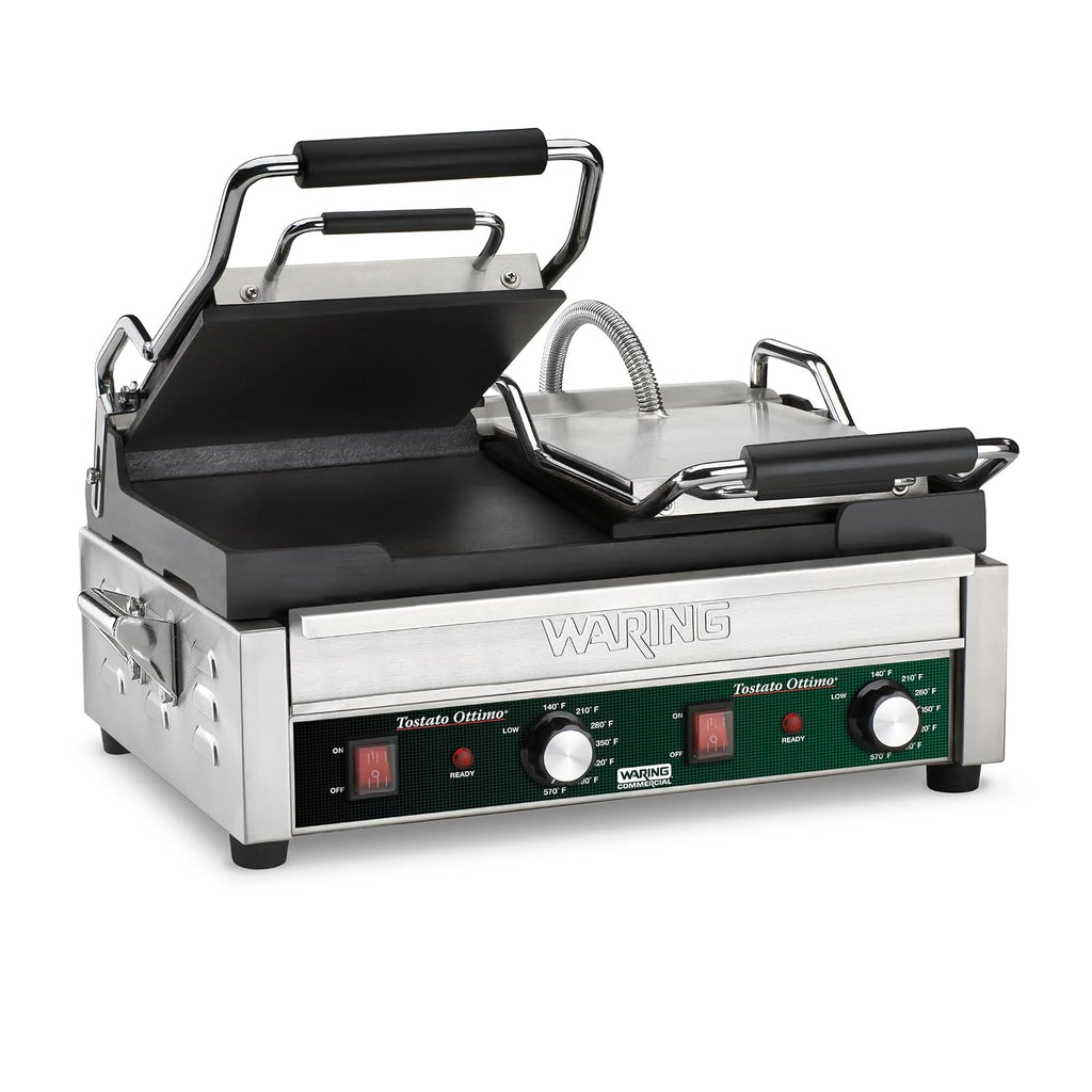 Waring Commercial Panini Press, Double Flat Cast Iron Plates, 17' x 9.25' Cooking Surface, 570°F Adjustable Thermostat, for Sandwiches up to 3' Thick, Professional Kitchen Grill, 240V, WFG300