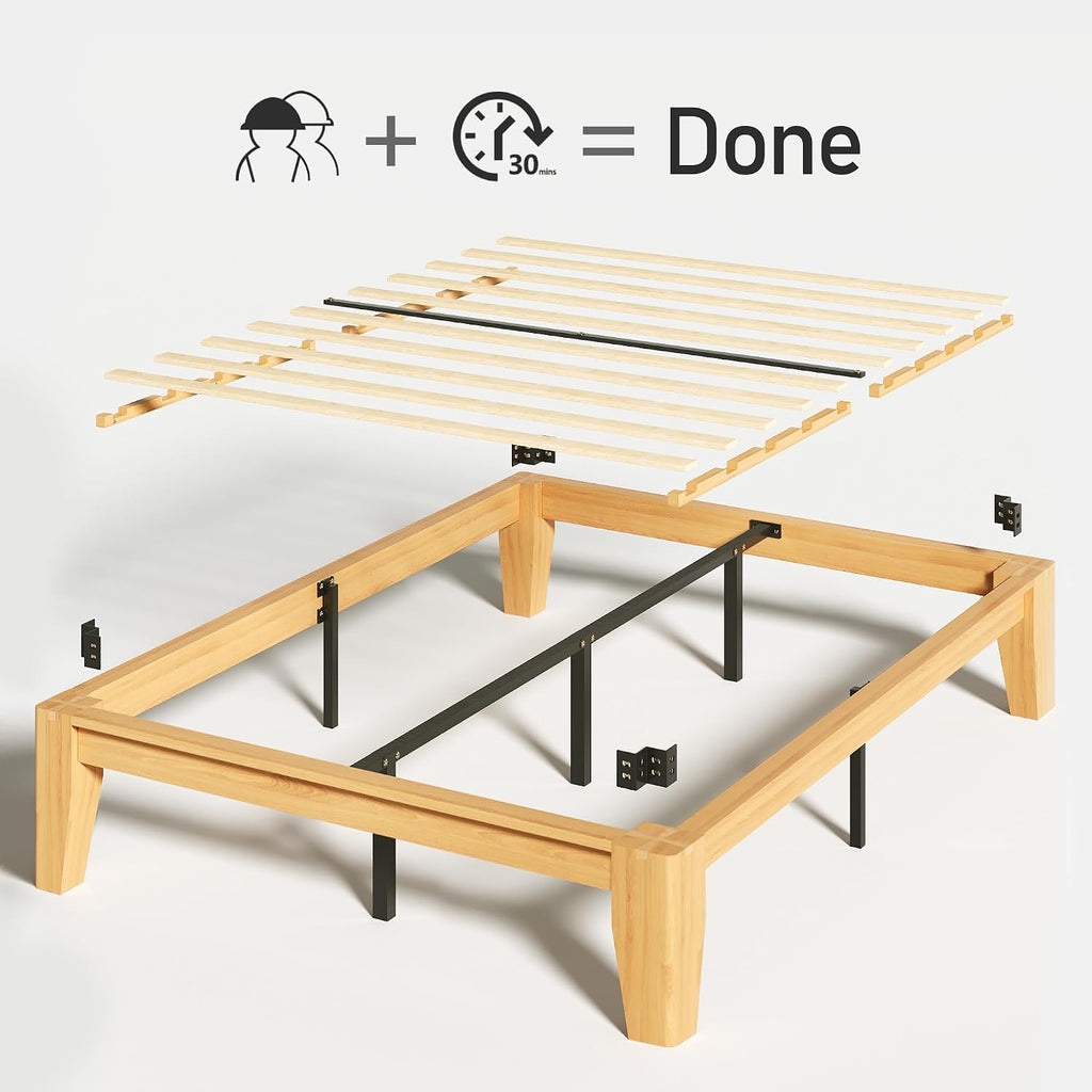 Lifezone Wood Queen Platform Bed Frame, Premium Solid Wood, Sturdy Structure, 3.78' Thickened & 14' Height Legs, Easily Assemble, Mortise & Tenon Joints Patterns, Natural