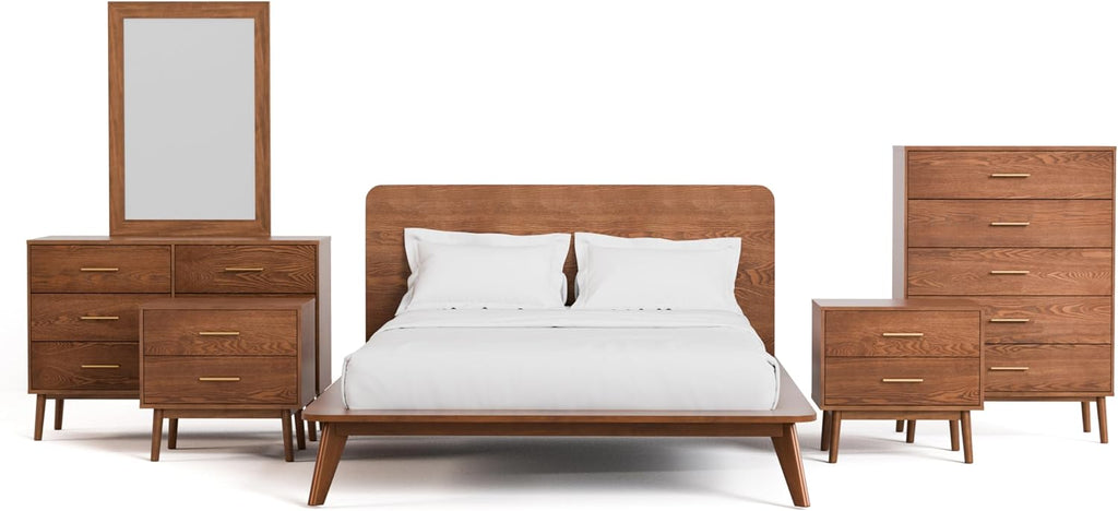 Furniture of America Wyatt Modern Solid Wood Bedroom Collection with Queen Bed Frame, Nightstands, Dresser with Mirror, Chest, No Box Spring Needed, Walnut, Standard Low Profile, 6-Piece Set