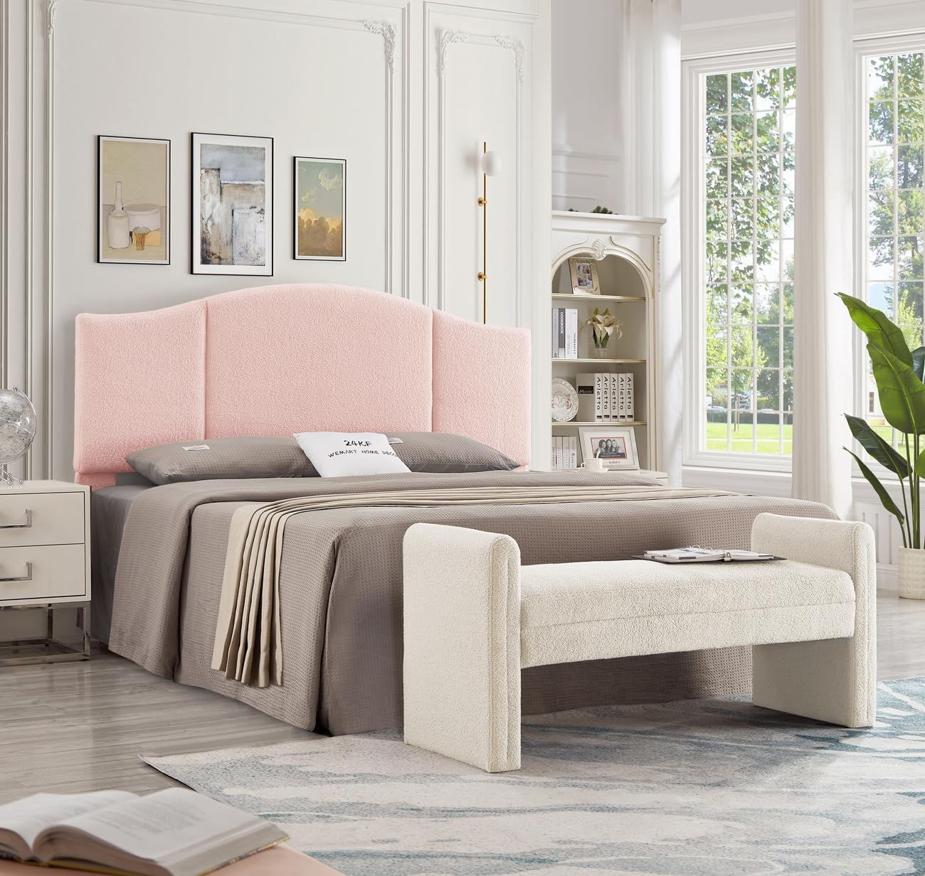 24KF Upholstered Soft Teddy Fabric King Headboard,Modern Wave-Like Top Edge CA King Size Headboard, 6033-K-Pink