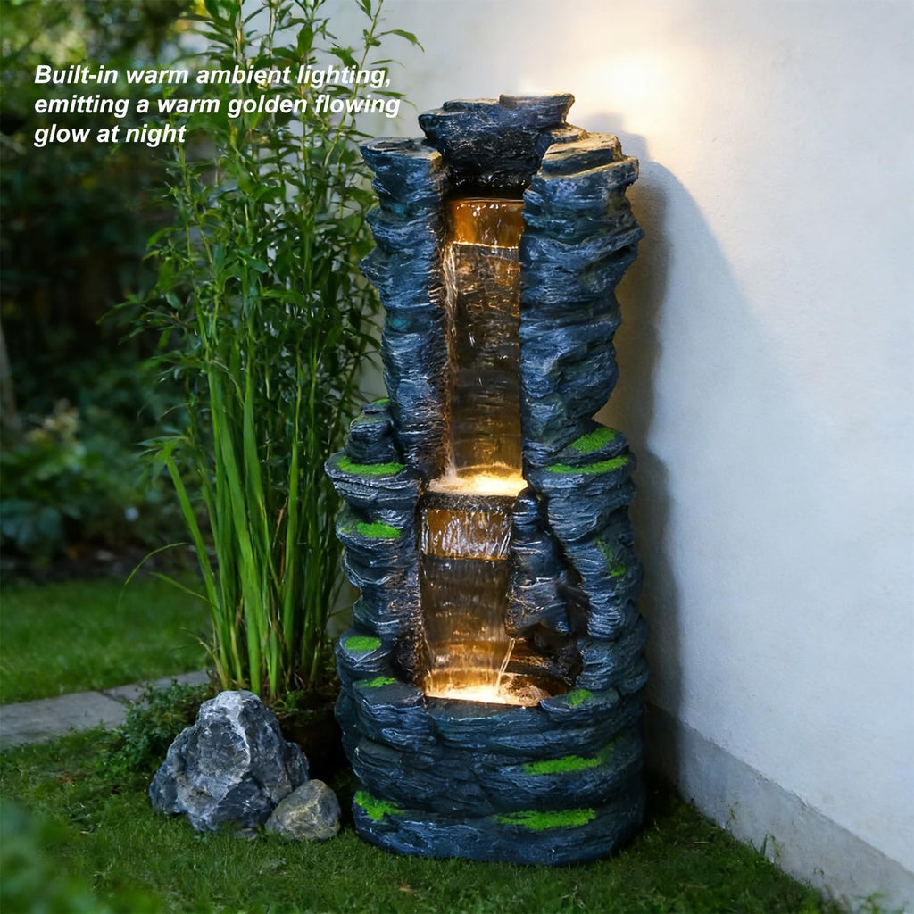 Outdoor Decorative Garden Fountain with LED Lights,Featuring a 39.37-Inch Cascading Garden Waterfall Scenery