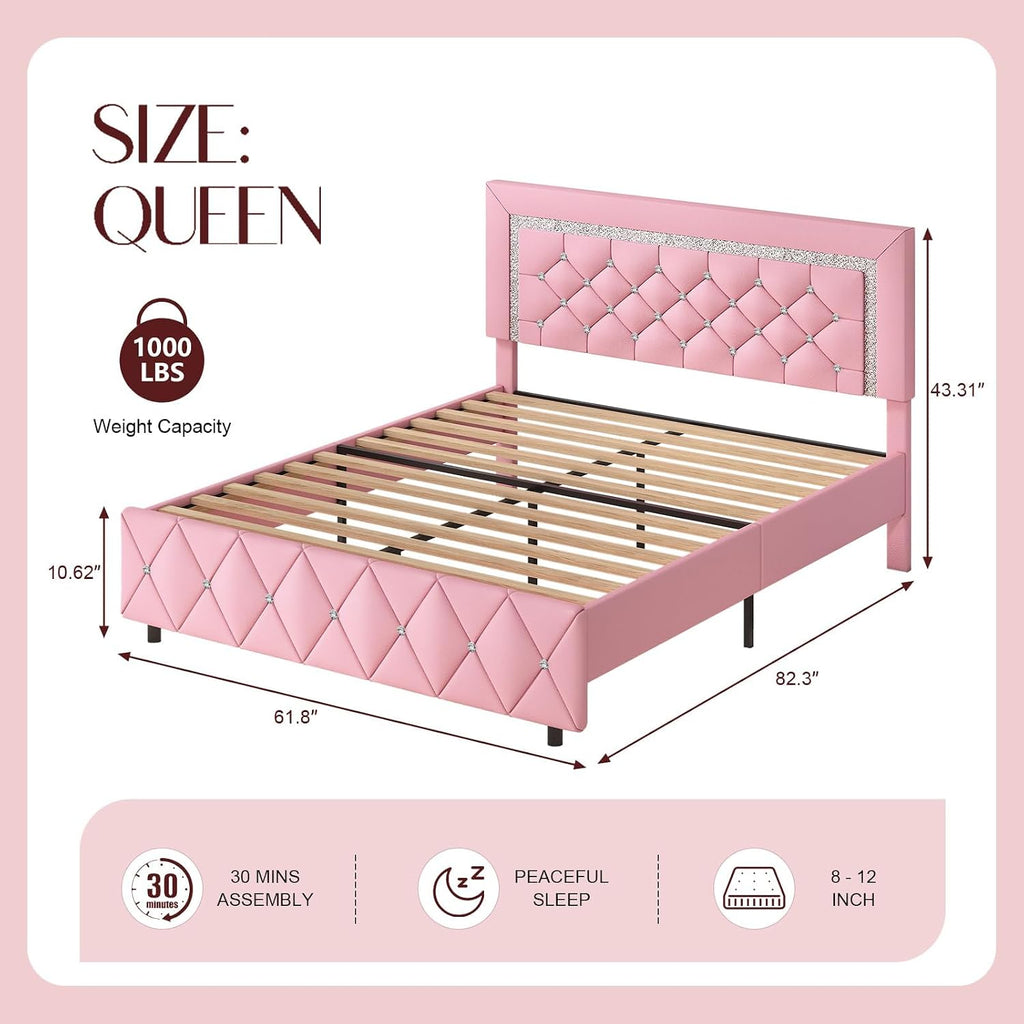 HOMBCK Queen Bed Frame with Diamond Headboard, Faux Leather Upholstered Platform Bed, Mattress Foundation, No Box Spring Needed, Easy Assembly, Pink