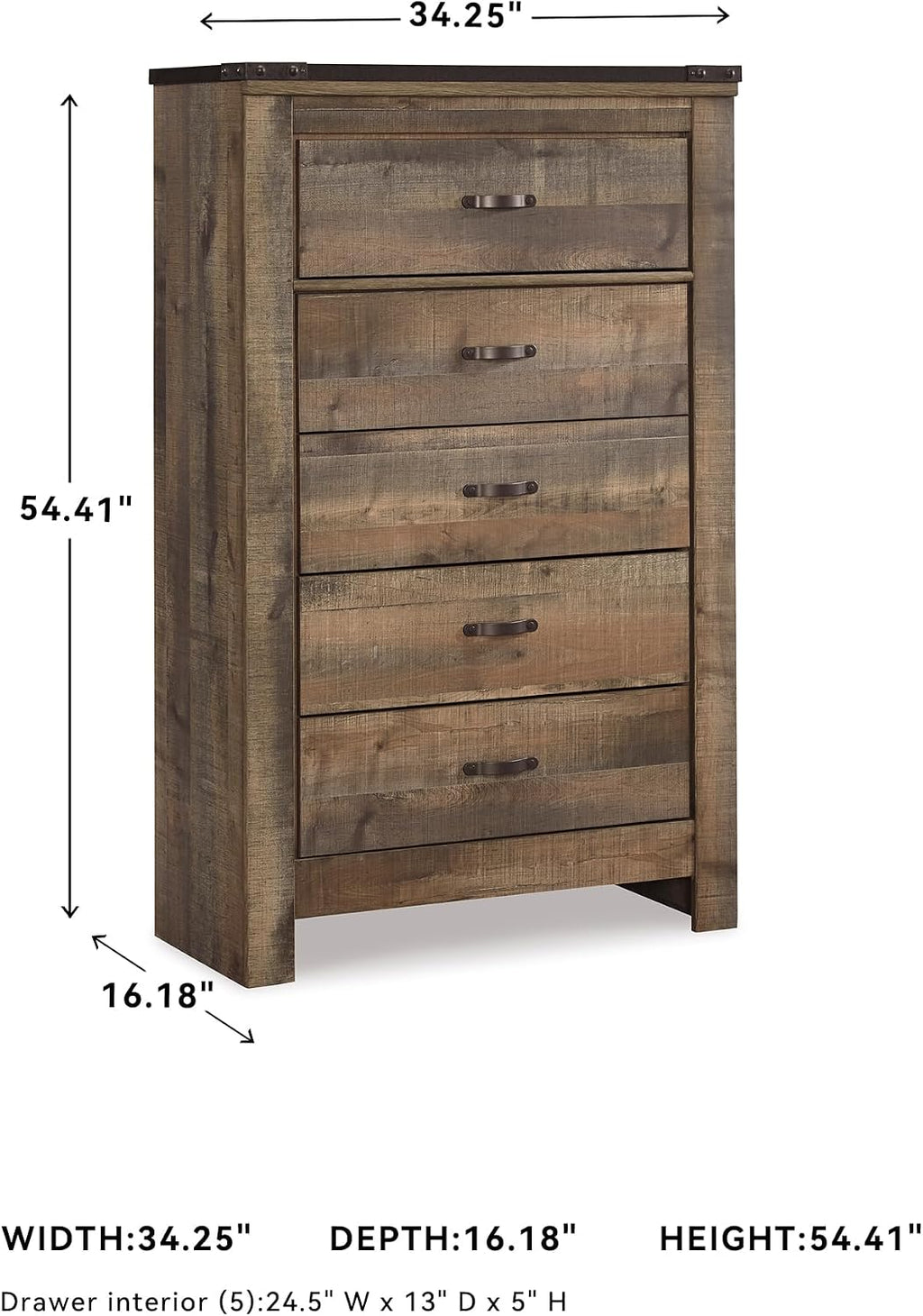 Signature Design by Ashley Trinell Rustic 5 Drawer Chest of Drawers with Nailhead Trim, Warm Brown