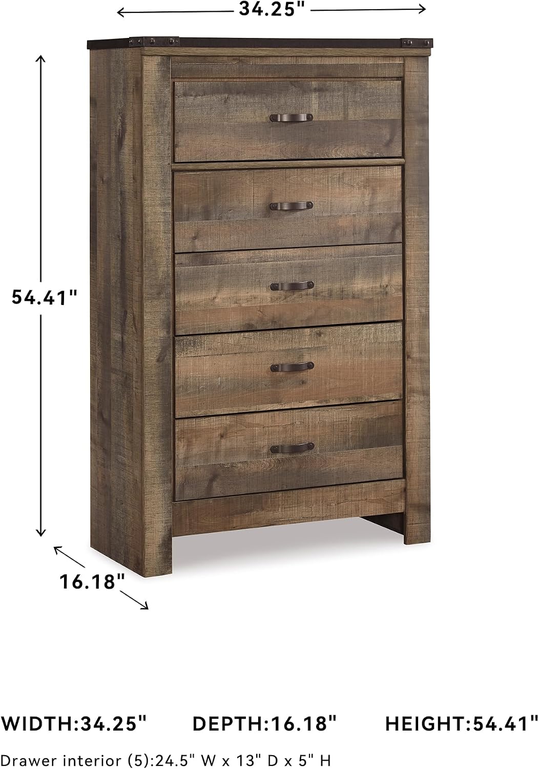 Signature Design by Ashley Trinell Rustic 5 Drawer Chest of Drawers with Nailhead Trim, Warm Brown