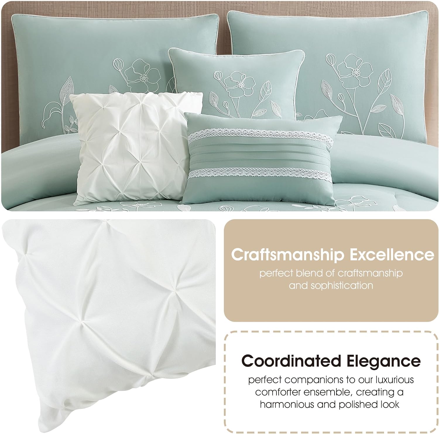 Stratford Park 7 Piece Green Comforter Set, Embroidery, Queen Size, Girls Bedding, All Season Bedding Set, Unique Pattern, Matching Decorative Pillows, Pillow Sham