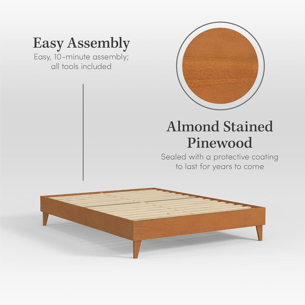 CARDINAL & CREST Wood Bed Frame - Made with 100% New Zealand Pine - Solid Mattress Platform Foundation Pressed Pine Slats - Easy Assembly - King - Almond