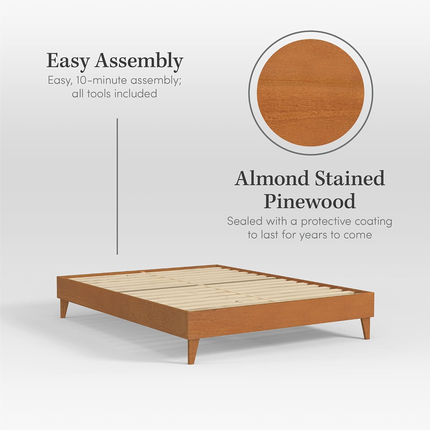 CARDINAL & CREST Wood Bed Frame - Made with 100% New Zealand Pine - Solid Mattress Platform Foundation Pressed Pine Slats - Easy Assembly - King - Almond