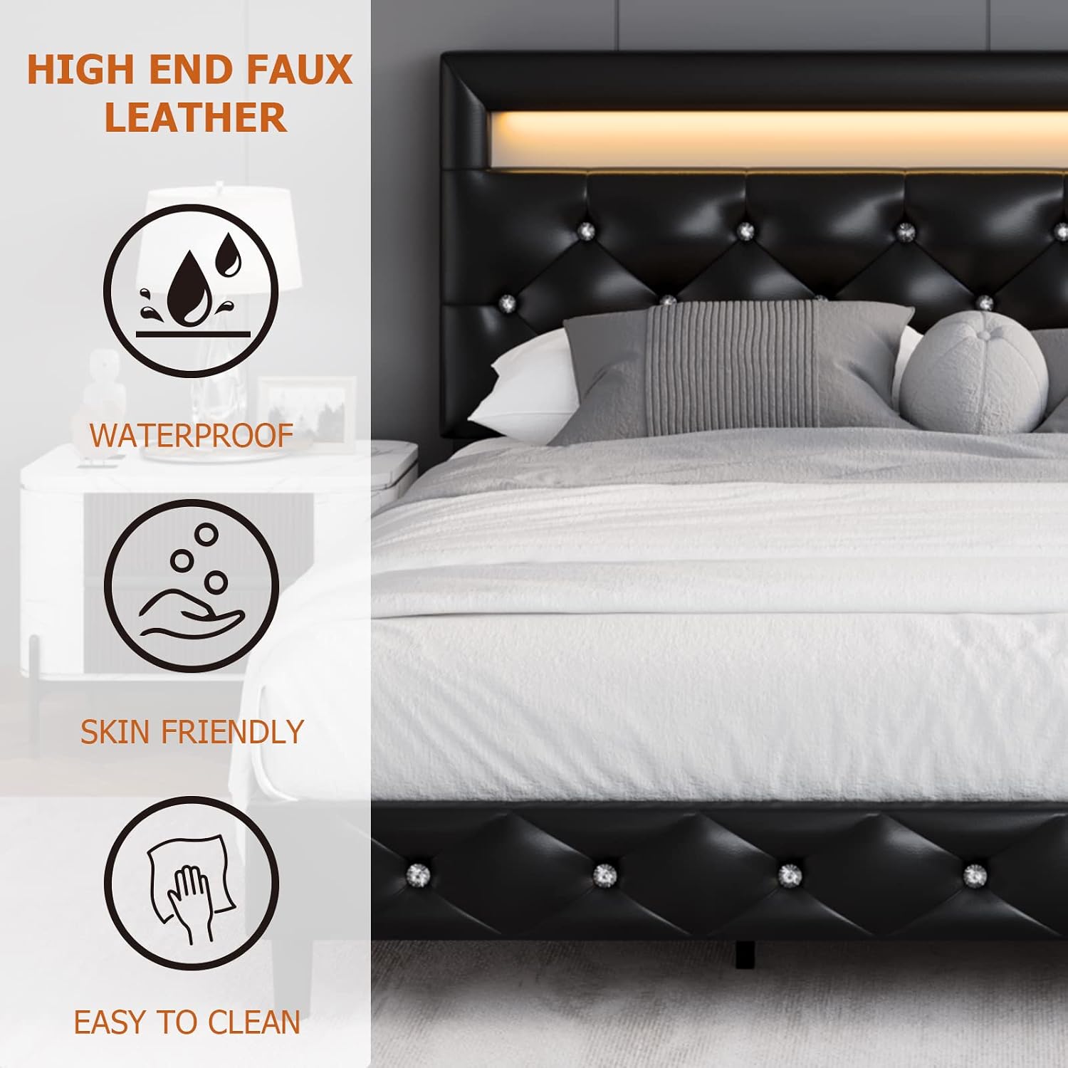 Keyluv Modern Upholstered Queen Bed Frame with LED Lights, Faux Leather Low Profile Platform Bed Frame, Adjustable Crystal Button Tufted Headboard, Strong Wood Slat Support, Easy Assembly, Black