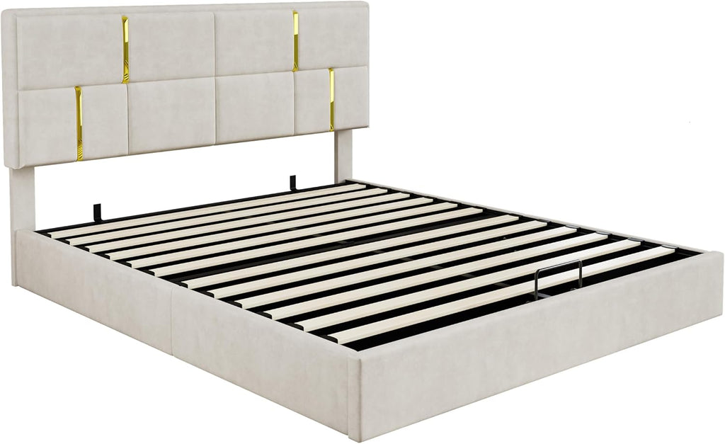 JIVOIT Upholstered Platform Bed with Hydraulic Storage System, Queen Size Storage Bed with Headboard and Wood Slats Support, Space Saving Wood Platform Bed Frame for Bedroom (Beige,Bed,5)