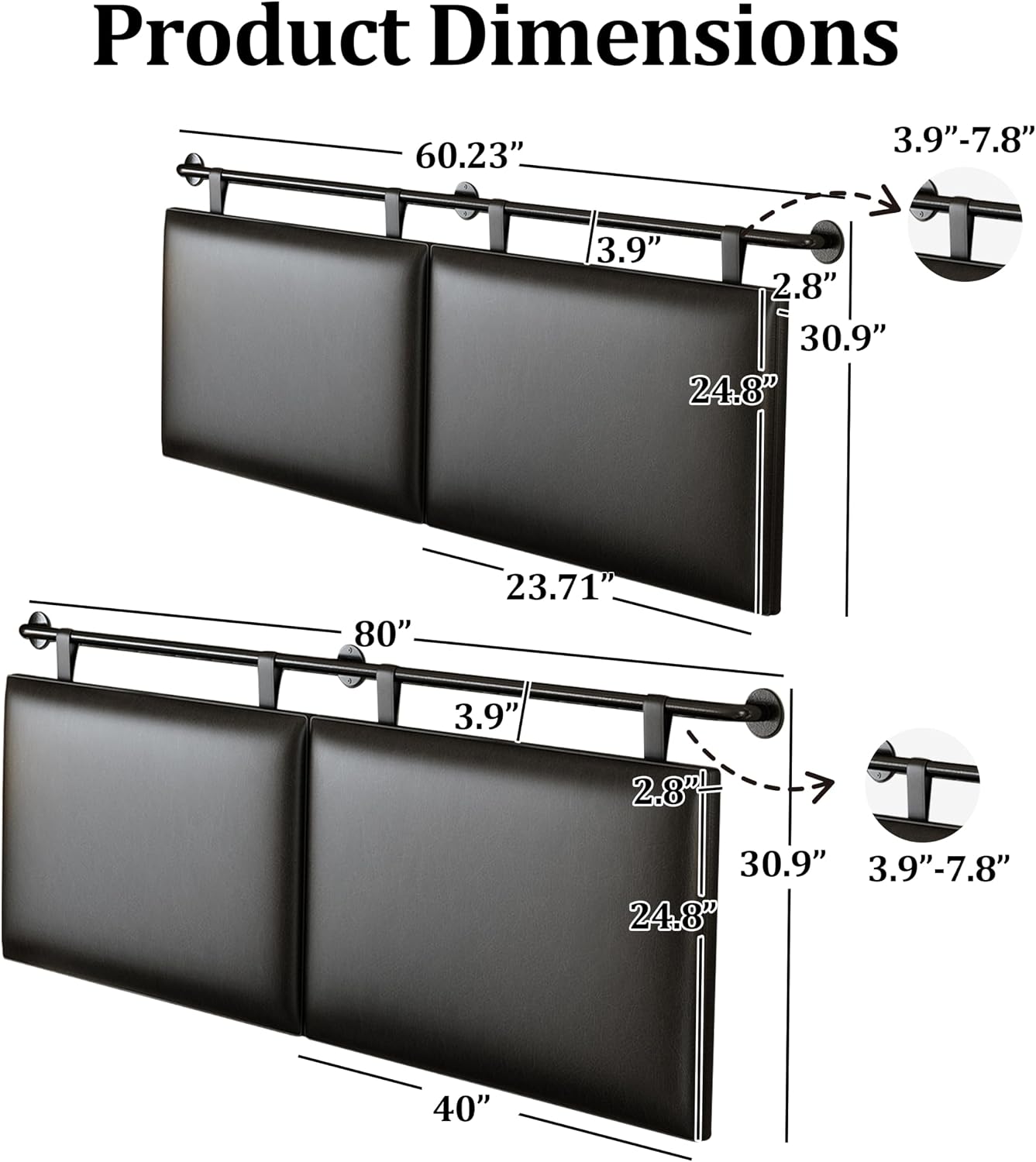 BSHOMGI King Size Headboard Wall Mount Headboard, PU Leather Head Board Only Black Hanging Head Boards, Industrial Pipe Modern Bed Backboard for Bedroom (Black, King) | PU Leather