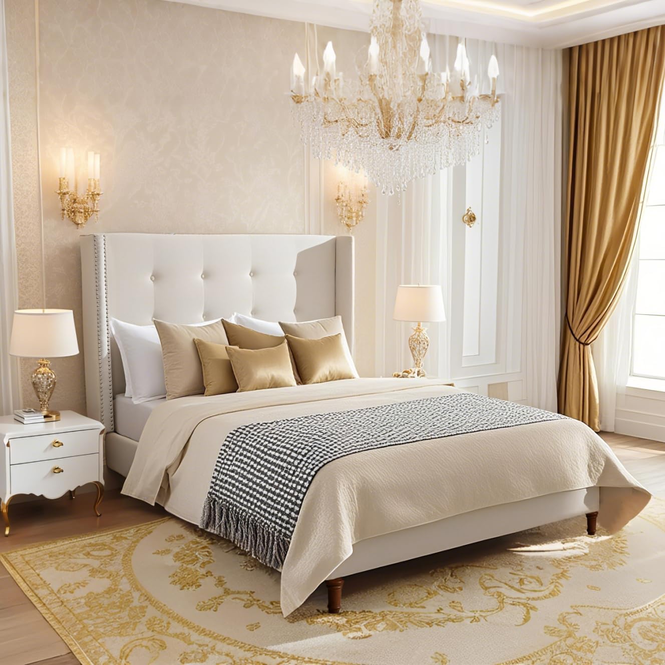 Queen Size Bed Frame,54'High Headboard Button Tufted Nailhead Trimmed Backrest Headboard,Velvet Metal Upholstered Platform Bed Frame,Wooden Slats Provide Strong Support,No Springs Required