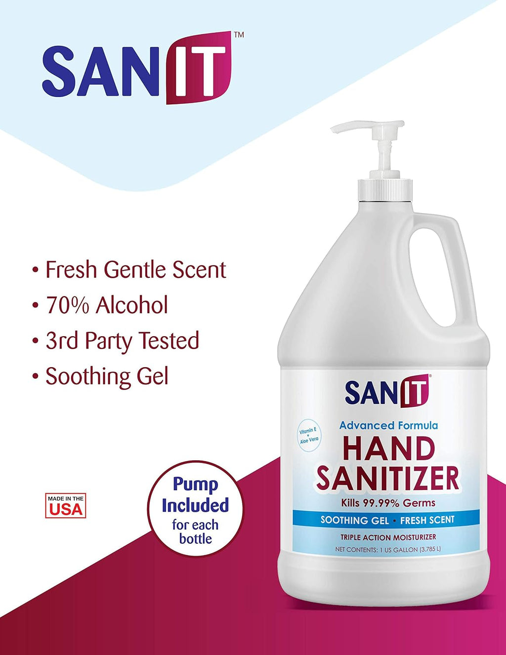 Sanit Moisturizing Hand Sanitizer Gel 70% Alcohol - Kills 99.99% Germs, Advanced Formula with Vitamin E and Aloe Vera - Soothing Gel, Fresh Scent, Made in USA - 1 Gallon with Pump, 4 Pack