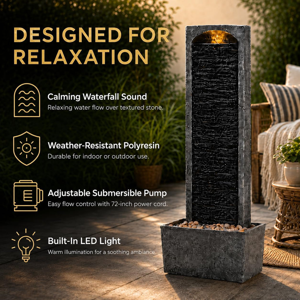 Teamson Home 38.5' Faux Slate Contemporary Outdoor LED Waterfall Fountain with Pebble Base, Gray/Black