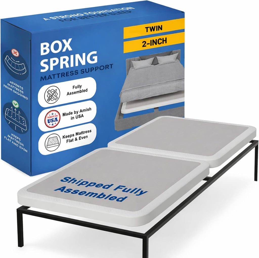 Greaton, Box Spring Bed Base Twin Size, 2-Inch Wood Mattress Foundation - Amish Made in USA – Quiet Noise Free, 2-Pieces Under Mattress-Support BoxSpring, Fully Assembled, White