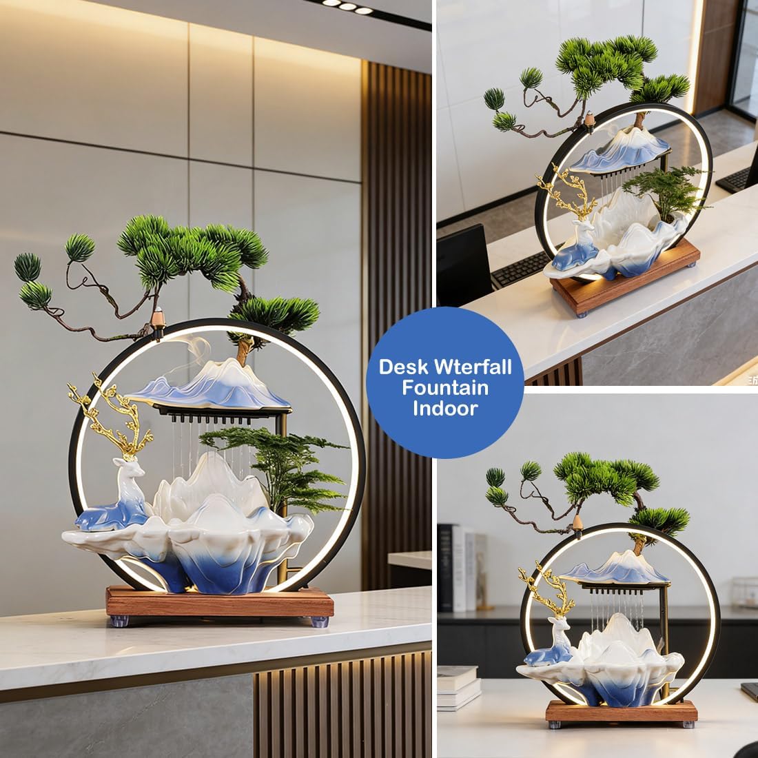 Tabletop Water Fountain Ceramic Deer Statue - Backflow Incense Holder with Adjustable USB LED Light Ring, Quiet Mini Indoor Waterfall Water Feature for Home Office Meditation Zen Relaxation Gift