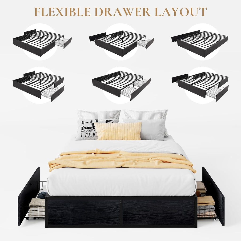 SHA CERLIN Queen Platform Bed Frame with 2 Large Storage Drawers - Heavy Duty Metal & Rustic Wood, Noise-Free, No Box Spring Needed, Black