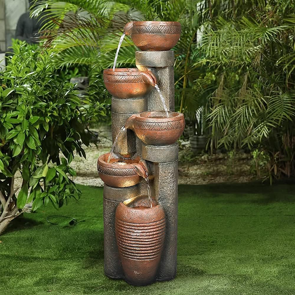 Hamiedun 5 -Tier Water Fountain Outdoor Decor, Large Waterfalls Fountains for Outsides with LED Lights, Indoor and Outdoor Fountain for Garden, Patio, Deck, Porch, Backyard and Home Art Decor